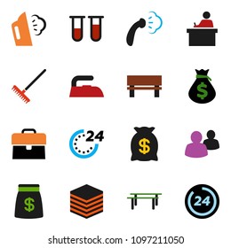 solid vector ixon set - rake vector, iron, steaming, student, money bag, case, horizontal bar, group, vial, big data, bench, 24 hour