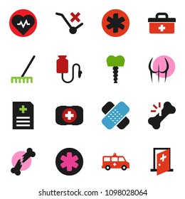solid vector ixon set - rake vector, heart pulse, buttocks, first aid kit, no trolley, doctor bag, ambulance star, broken bone, patch, anamnesis, amkbulance car, drop counter, tooth implant
