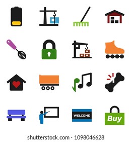 solid vector ixon set - rake vector, welcome mat, skimmer, blackboard, music, roller Skates, truck trailer, battery, broken bone, bench, barn, lock, love home, construction crane, buy