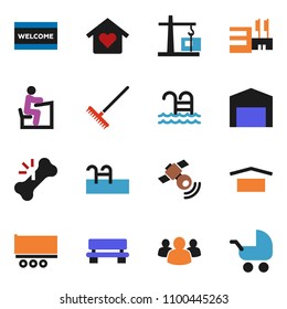 solid vector ixon set - rake vector, welcome mat, student, pool, truck trailer, dry cargo, satellitie, group, broken bone, bench, barn, love home, construction crane, mall, baby stroller