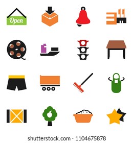 solid vector ixon set - rake vector, foam basin, apron, bell, shorts, traffic light, ship, truck trailer, wood box, package, film spool, fruit tree, table, open, mall, star