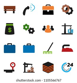 solid vector ixon set - rake vector, iron, steaming, case, big scales, group, data, gear, bench, construction crane, money bag, 24 hour