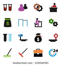 solid vector ixon set - rake vector, student, money bag, case, horizontal bar, big scales, group, vial, gear, 24 hour