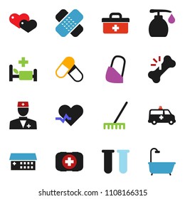 solid vector ixon set - rake vector, liquid soap, pills, first aid kit, heart, doctor bag, pulse, vial, broken bone, patch, hospital bed, building, amkbulance car, bandage, bath