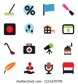 solid vector ixon set - rake vector, spatula, ladle, hand mill, pen, telescope, flag, dollar calendar, first aid kit, client, microphone, rec button, sperm, cottage, percent, market