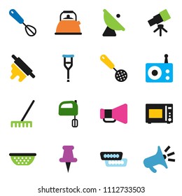 solid vector ixon set - rake vector, kettle, colander, whisk, skimmer, rolling pin, mixer, microwave oven, telescope, satellite antenna, radio, loudspeaker, thumbtack, hdmi, crutches