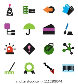 solid vector ixon set - rake vector, toilet brush, rubber glove, cake, school building, medal, crisis, molecule, umbrella, antenna, arrow, hierarchy, attachment, attention sign, siren, barcode