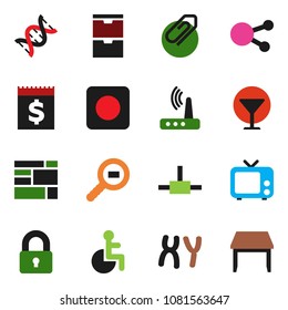 solid vector ixon set - receipt vector, consolidated cargo, glass, search, tv, social media, rec button, disabled, dna, chromosomes, connect, router, attachment, lock, table