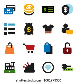 solid vector ixon set - receipt vector, credit card, dollar coin, money bag, shopping, customer, cashbox, cart, unlock, diamond ring, clothes, menu, shield, password