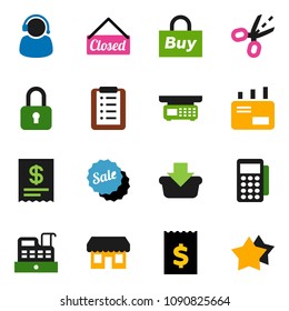 solid vector ixon set - receipt vector, sale, closed, store, support, buy, card reader, cashbox, basket, shopping list, mail, lock, coupon, scales, star