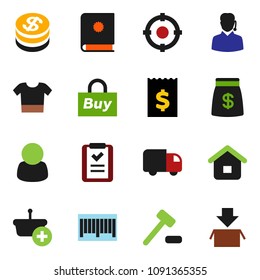 solid vector ixon set - receipt vector, dollar coin, money bag, customer, support, target, buy, barcode, basket, home, shopping list, auction, delivery, catalog, clothes, package