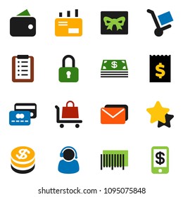 solid vector ixon set - receipt vector, gift, credit card, dollar coin, wallet, cash, star, support, barcode, shopping list, trolley, mail, lock, tap pay