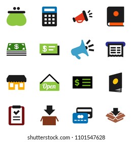 solid vector ixon set - receipt vector, credit card, wallet, cash, open, store, shopping list, calculator, catalog, loudspeaker, check, package