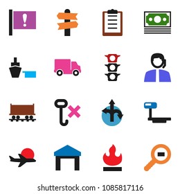 solid vector ixon set - route vector, signpost, Railway carriage, attention, plane, money, traffic light, support, delivery, port, clipboard, no hook, warehouse, flammable, big scales, cargo search