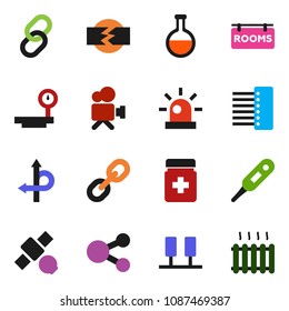 solid vector ixon set - route vector, satellite, big scales, video camera, link, thermometer, flask, pills bottle, server, hub, share, siren, disconnection, rooms signboard, heating