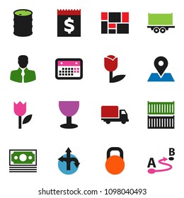 solid vector ixon set - route vector, map pin, money, client, truck trailer, sea container, delivery, calendar, receipt, consolidated cargo, glass, tulip, weight, oil barrel