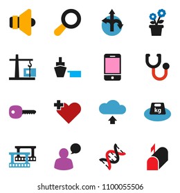 solid vector ixon set - route vector, port, weight, film frame, speaker, mobile phone, speaking man, heart cross, dna, stethoscope, cloud upload, key, magnifier, flower in pot, construction crane