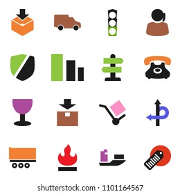 solid vector ixon set - route vector, signpost, traffic light, phone, support, ship, truck trailer, car, glass, cargo, package, sorting, protected, flammable, barcode