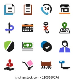 solid vector ixon set - route vector, navigator, Railway carriage, office, money, phone 24, support, client, calendar, clipboard, document, cargo, no hook, protected, big scales