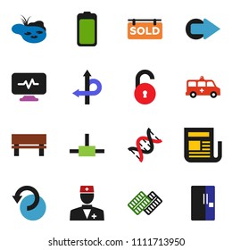 solid vector ixon set - route vector, newspaper, battery, doctor, dna, pills blister, amkbulance car, diagnostic monitor, connect, bench, arrow, undo, unlock, pond, sold signboard, fridge