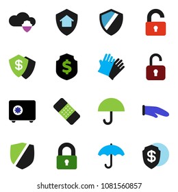 solid vector ixon set - rubber glove vector, cook, dollar shield, safe, umbrella, protected, patch, cloud, lock, unlock, home protect