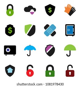 solid vector ixon set - rubber glove vector, dollar shield, safe, umbrella, protected, patch, cloud, lock, unlock, home protect