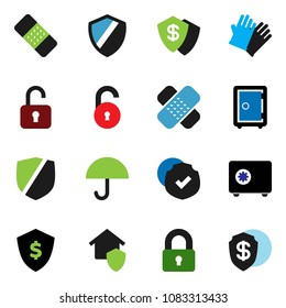 solid vector ixon set - rubber glove vector, dollar shield, safe, umbrella, protected, patch, unlock, lock, home protect