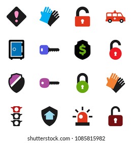 solid vector ixon set - rubber glove vector, dollar shield, safe, traffic light, amkbulance car, lock, unlock, key, attention sign, siren, home protect