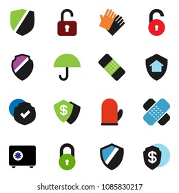 solid vector ixon set - rubber glove vector, cook, safe, umbrella, protected, patch, shield, lock, unlock, home protect, dollar