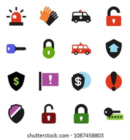 solid vector ixon set - rubber glove vector, dollar shield, attention, amkbulance car, lock, key, siren, unlock, home protect, password