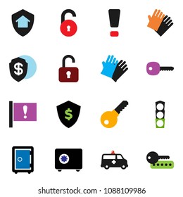 solid vector ixon set - rubber glove vector, dollar shield, safe, attention, traffic light, amkbulance car, unlock, key, sign, home protect, password