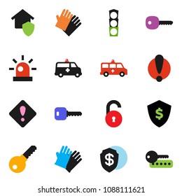 solid vector ixon set - rubber glove vector, dollar shield, attention, traffic light, ambulance car, unlock, key, sign, siren, home protect, password