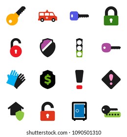 solid vector ixon set - rubber glove vector, dollar shield, safe, traffic light, amkbulance car, unlock, key, attention sign, lock, home protect, password