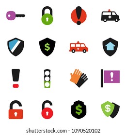 solid vector ixon set - rubber glove vector, dollar shield, attention, traffic light, amkbulance car, lock, unlock, key, sign, home protect