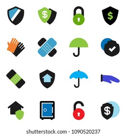 solid vector ixon set - rubber glove vector, cook, dollar shield, safe, umbrella, protected, patch, lock, unlock, home protect