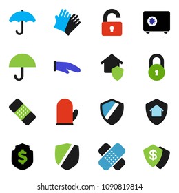 solid vector ixon set - rubber glove vector, cook, dollar shield, safe, umbrella, protected, patch, lock, unlock, home protect