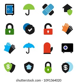 solid vector ixon set - rubber glove vector, cook, safe, umbrella, protected, patch, lock, unlock, home protect, dollar shield