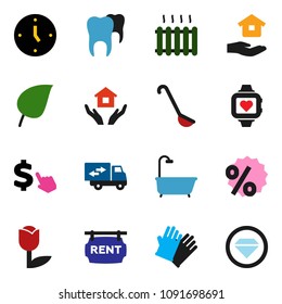 solid vector ixon set - rubber glove vector, house hold, ladle, leaf, clock, dollar cursor, heart monitor, tulip, tooth, rent signboard, bath, relocation truck, heating, percent, diamond ring