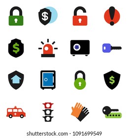 solid vector ixon set - rubber glove vector, dollar shield, safe, attention, traffic light, amkbulance car, lock, key, siren, unlock, home protect, password