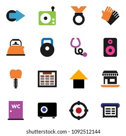 solid vector ixon set - rubber glove vector, water closet, kettle, schedule, arrow up, safe, weight, medal, office, radio, speaker, stethoscope, tooth implant, target, receipt