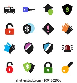 solid vector ixon set - rubber glove vector, dollar shield, amkbulance car, unlock, key, attention sign, siren, lock, home protect, password