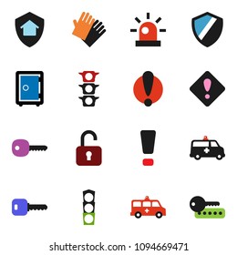solid vector ixon set - rubber glove vector, safe, attention, traffic light, amkbulance car, shield, key, sign, siren, home protect, unlock, password