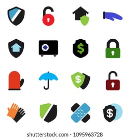 solid vector ixon set - rubber glove vector, cook, dollar shield, safe, umbrella, protected, patch, unlock, lock, home protect