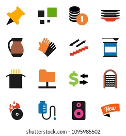 solid vector ixon set - rubber glove vector, washboard, plates, jug, pasta, paper pin, exchange, coin stack, sports nutrition, stairways run, music hit, speaker, drop counter, network folder, new
