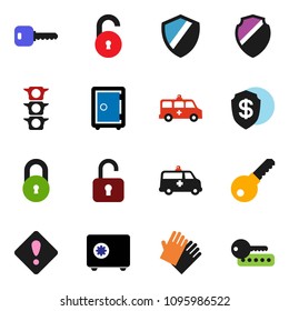 solid vector ixon set - rubber glove vector, safe, traffic light, amkbulance car, shield, lock, unlock, key, attention sign, dollar, password