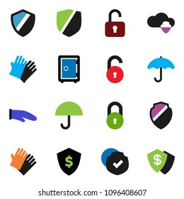 solid vector ixon set - rubber glove vector, cook, dollar shield, safe, umbrella, protected, cloud, lock, unlock