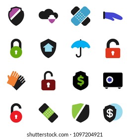 solid vector ixon set - rubber glove vector, cook, dollar shield, safe, umbrella, protected, patch, cloud, lock, unlock, home protect
