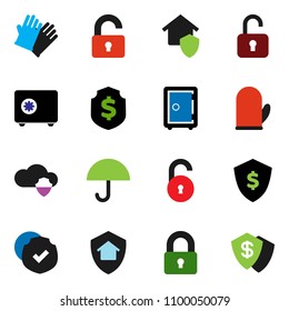 solid vector ixon set - rubber glove vector, cook, dollar shield, safe, umbrella, protected, cloud, unlock, lock, home protect