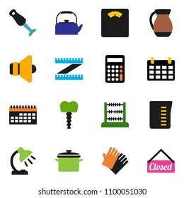 solid vector ixon set - rubber glove vector, pan, kettle, measuring cup, blender, jug, table lamp, abacus, calculator, calendar, scales, speaker, tooth implant, closed