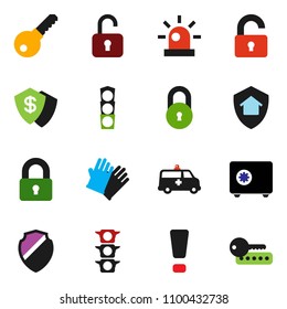 solid vector ixon set - rubber glove vector, safe, traffic light, amkbulance car, shield, lock, attention sign, siren, unlock, home protect, dollar, password